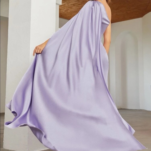 Luxe Navy Blue One shoulder Party Formal Evening Prom Satin Wedding Dress - Picture 5 of 16